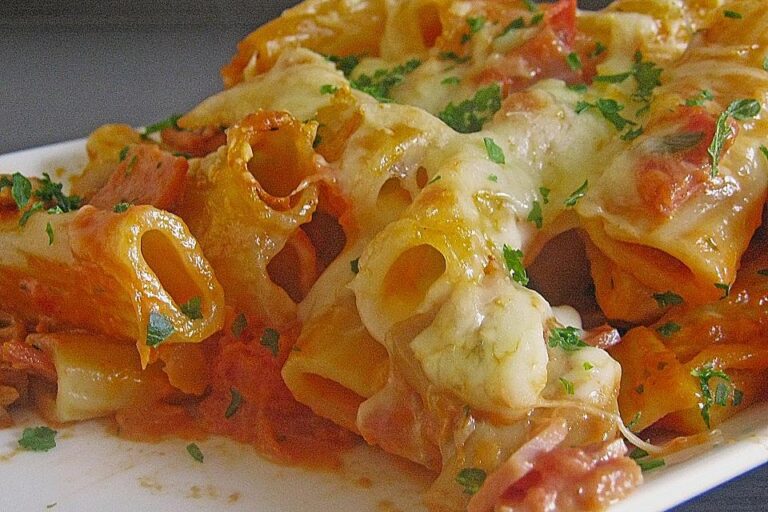 Überbackene Rigatoni in Schinken-Sahne-Soße