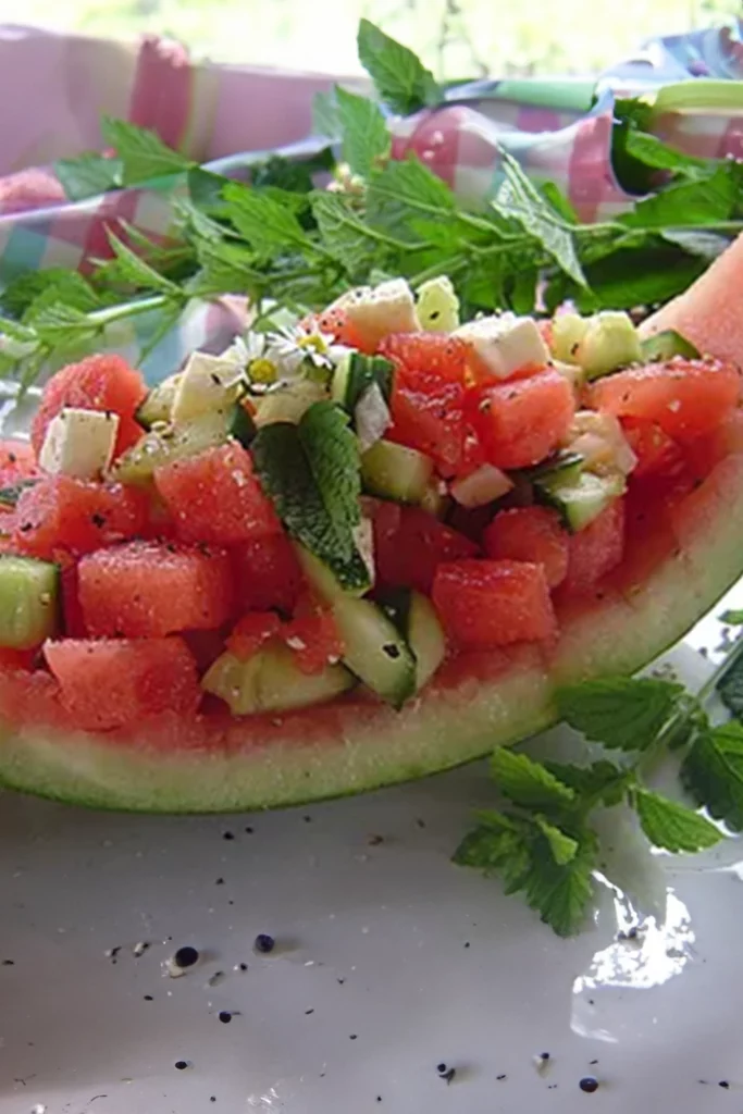 , Wassermelonensalat mit Feta, Gurke und Tomaten