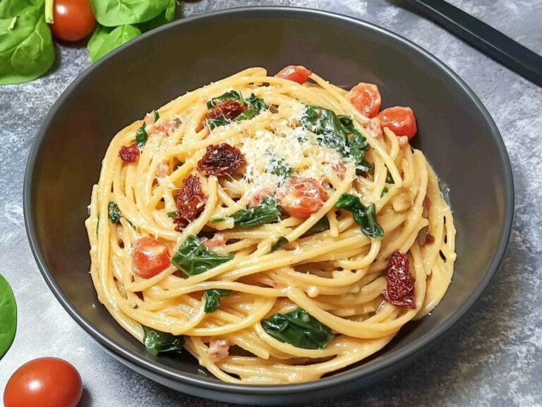 One Pot Pasta mit Spinat und Tomaten