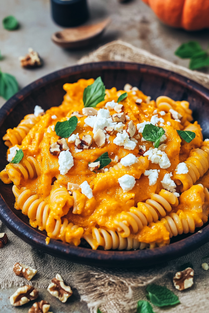 Cremige Kürbispasta in einer rustikalen dunklen Schüssel serviert, mit geriffeltem Rotini, das in einer glatten, leuchtend orangenen Kürbissauce überzogen ist. Gekrönt mit zerbröckeltem veganem Feta und zerstoßenen Walnüssen für zusätzliche Textur, dazu frische grüne Kräuter wie Basilikum oder Minze für farbliche Kontraste. Dieses herbstliche Rezept vereint erdige Aromen mit cremiger Fülle, perfekt für eine gemütliche saisonale Mahlzeit.