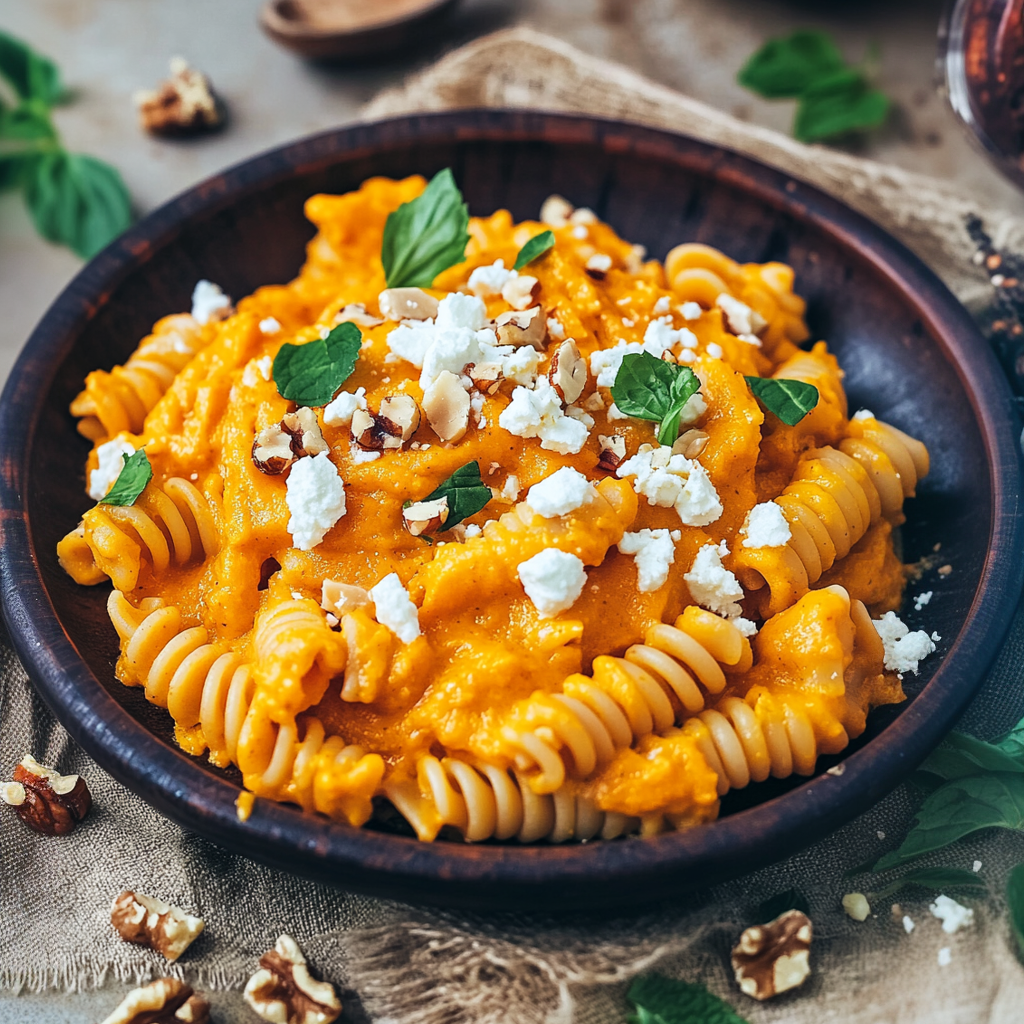 Cremige Kürbispasta in einer rustikalen dunklen Schüssel serviert, mit geriffeltem Rotini, das in einer glatten, leuchtend orangenen Kürbissauce überzogen ist. Gekrönt mit zerbröckeltem veganem Feta und zerstoßenen Walnüssen für zusätzliche Textur, dazu frische grüne Kräuter wie Basilikum oder Minze für farbliche Kontraste. Dieses herbstliche Rezept vereint erdige Aromen mit cremiger Fülle, perfekt für eine gemütliche saisonale Mahlzeit.