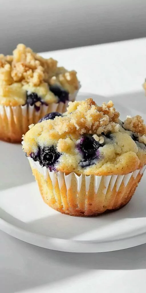 Close-up of a freshly baked blueberry muffin topped with golden brown crumb streusel, showcasing juicy blueberries bursting through the moist vanilla cake.