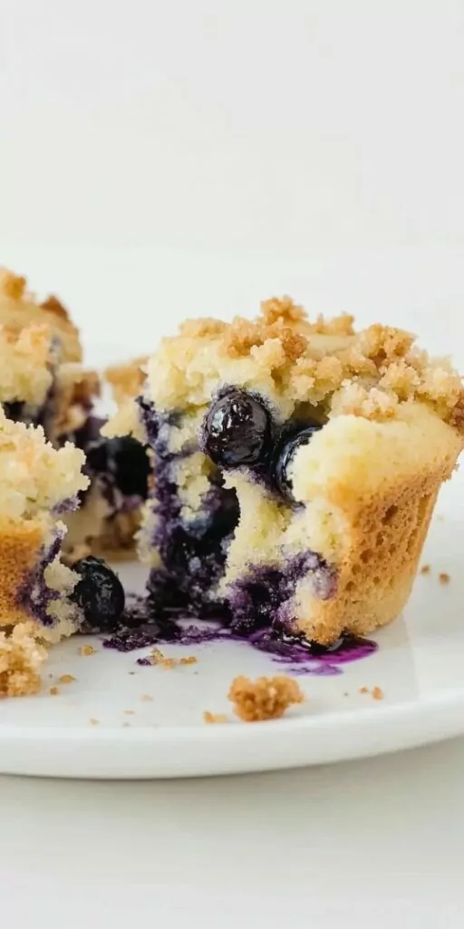 Partially eaten blueberry muffin with a crumb topping, revealing a moist, fluffy interior filled with whole baked blueberries