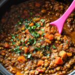 A thick, slow-cooked lentil stew with tender green lentils in a rich tomato sauce, combined with diced red and yellow bell peppers, mushrooms, and melted cheddar cheese.