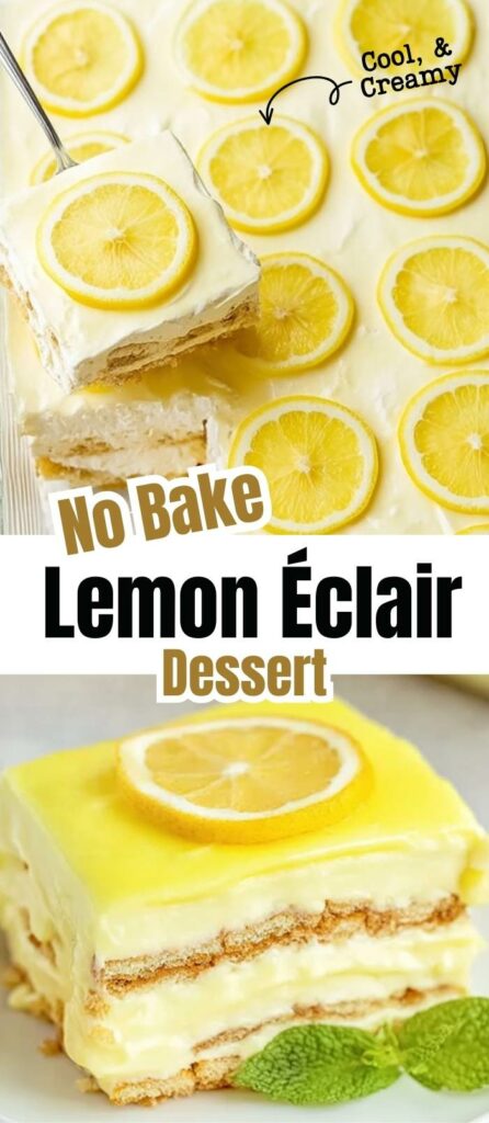 No-Bake Lemon Éclair Cake showcases three defined layers of light yellow lemon pudding mixture alternated with two thin, slightly softened layers of graham crackers that have absorbed some moisture, creating a tender, cake