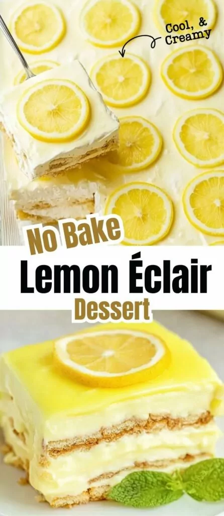 No-Bake Lemon Éclair Cake showcases three defined layers of light yellow lemon pudding mixture alternated with two thin, slightly softened layers of graham crackers that have absorbed some moisture, creating a tender, cake
