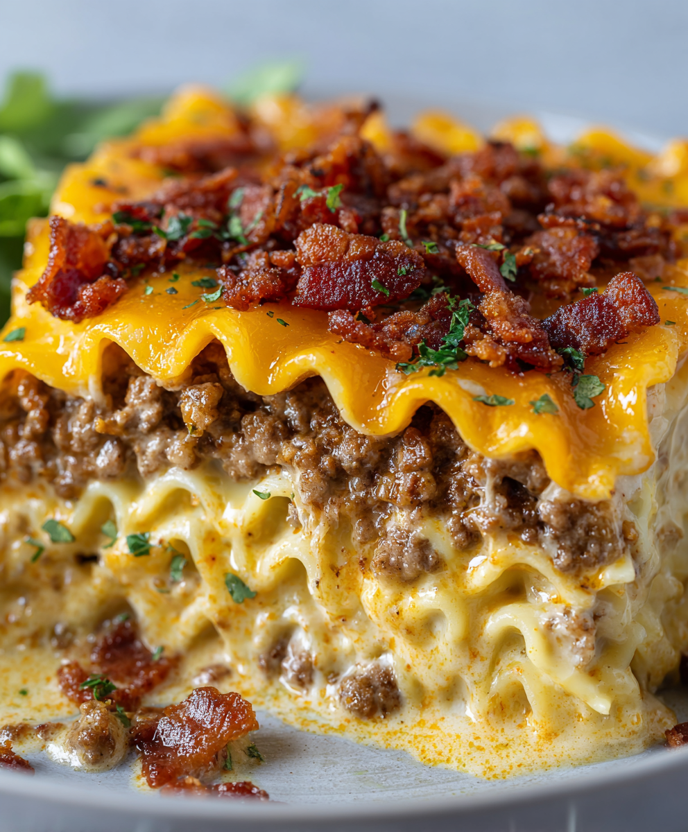 Bacon Cheeseburger Cheddar Lasagna Bake