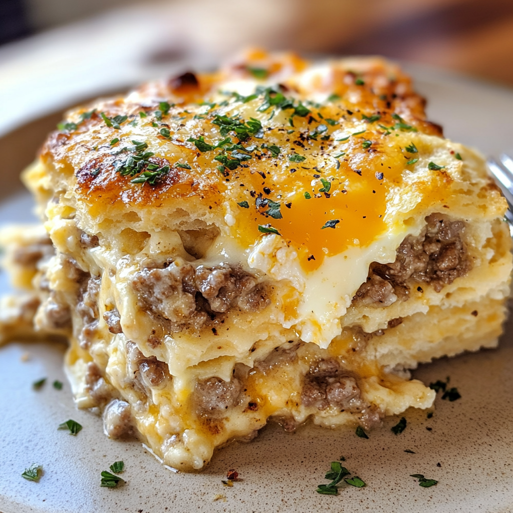 Biscuits and Gravy Casserole with Sausage and Eggs