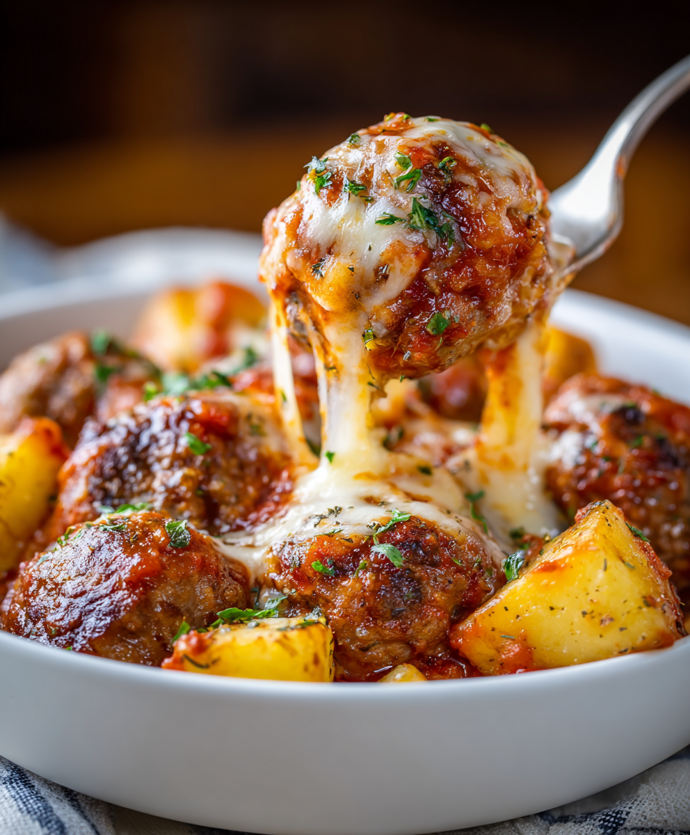 Cheesy Meatball And Potato Bake