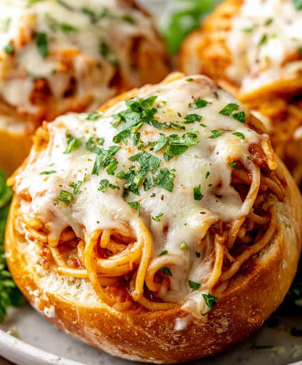 Cheesy Spaghetti Garlic Bread Cups