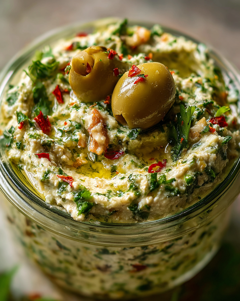 Small clear glass jar filled with thick, creamy vegan whipped feta dip blended with green olives, herbs, walnuts, garlic, and lemon.