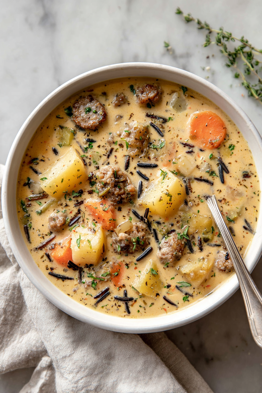 One-Pot Creamy Sausage, Potato and Wild Rice Chowder