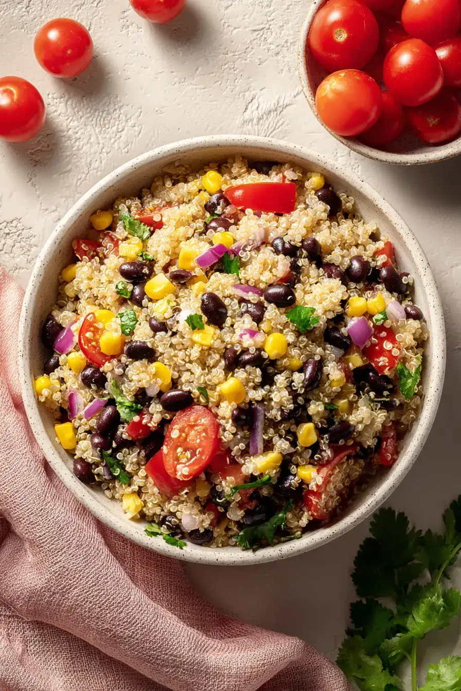 pale quinoa packed with glossy black beans, yellow corn kernels, red diced pepper, halved red tomatoes, purple onion bits, and scattered green herb leaves
