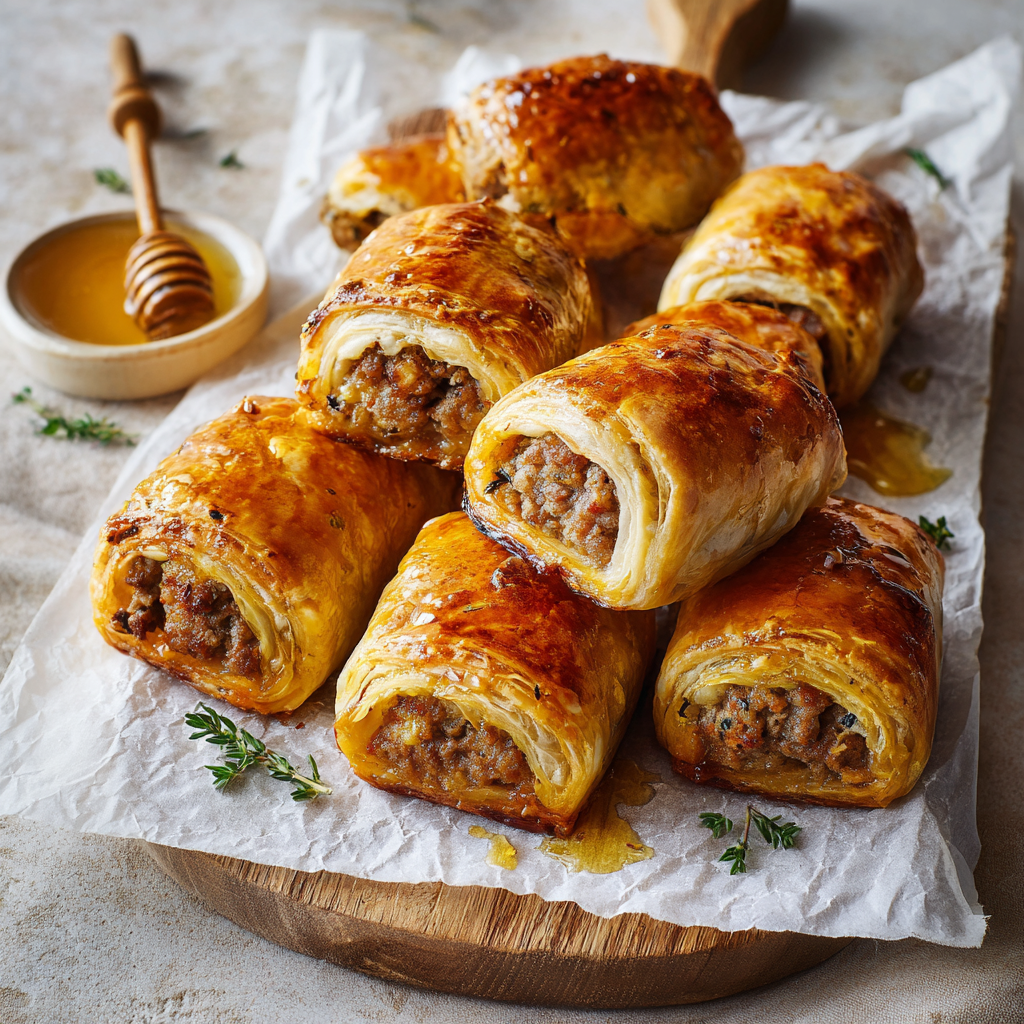 Sausage Rolls with Honey Mustard Sauce (Easy Puff Pastry)