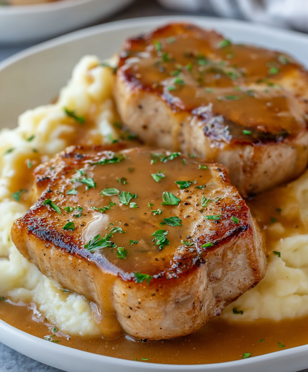 Slow Cooker Pork Chops Over Potatoes