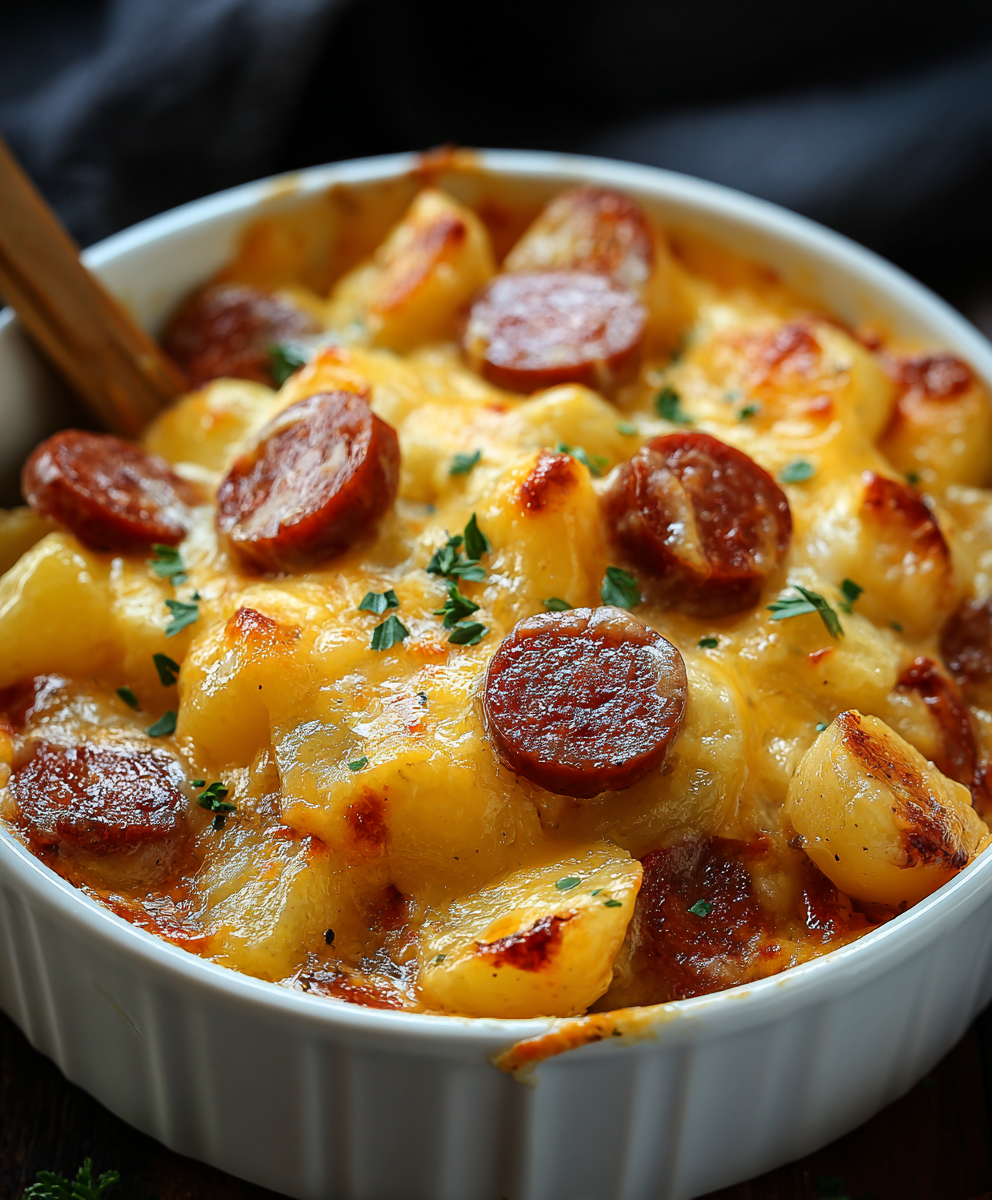 Smoked Sausage Cheddar Potato Bake