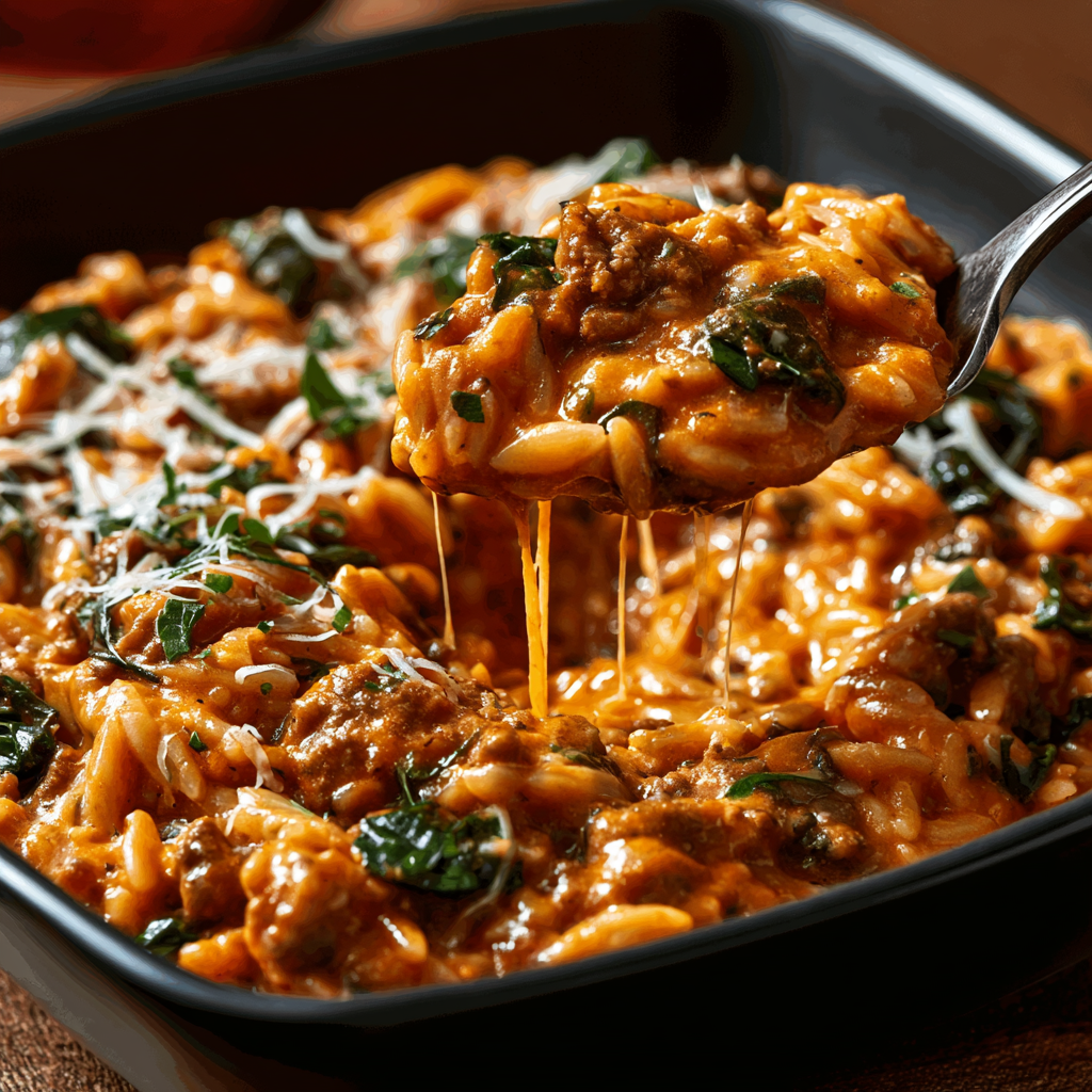 Ground Beef Orzo with Tomato Cream Sauce