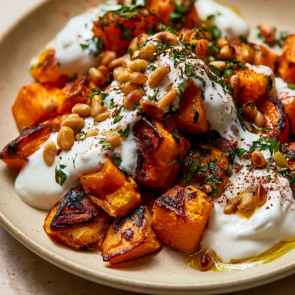 Roasted Pumpkin Yogurt Sauce Pine Nuts