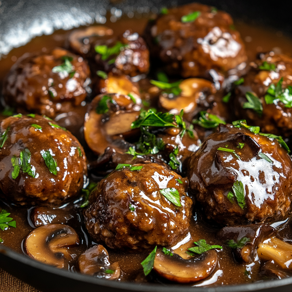 Salisbury Steak Meatballs, Mushroom Gravy