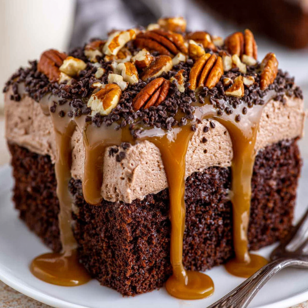 Turtle Poke Cake with Pecans