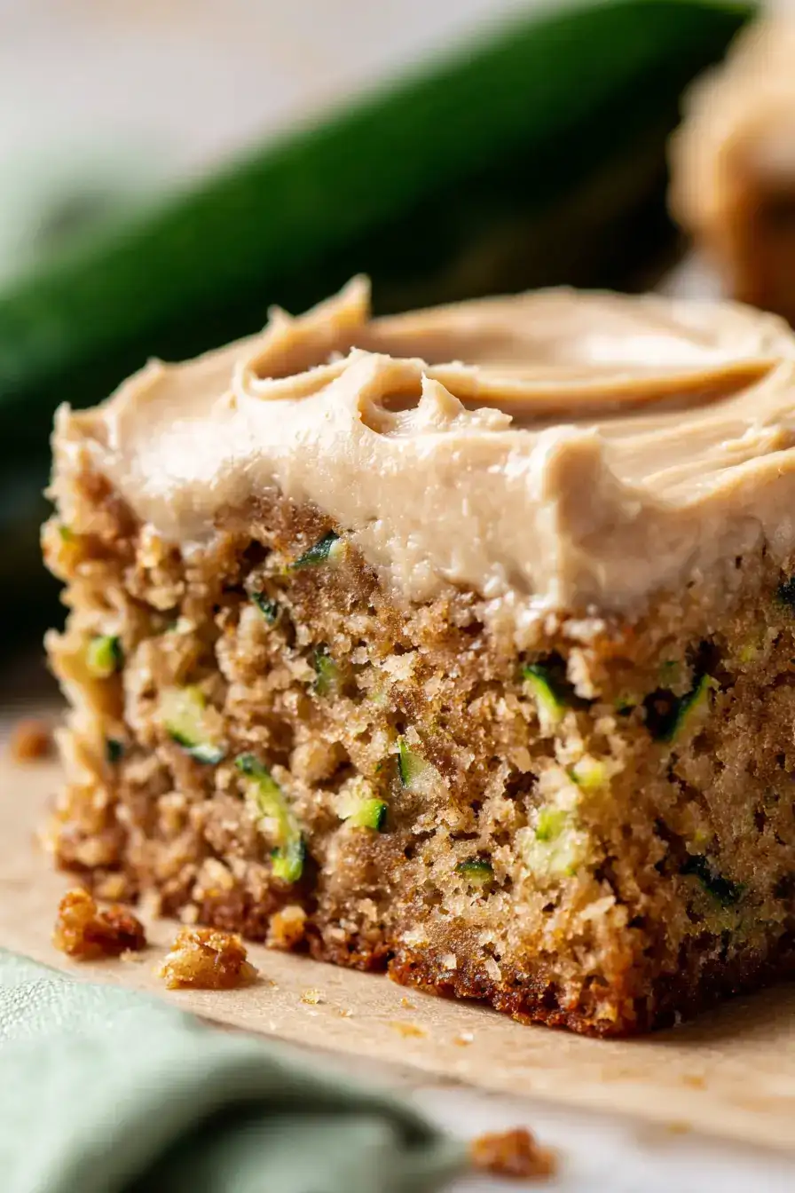 a single zucchini pecan bar sliced open on light brown parchment paper, moist spiced crumb with fine green zucchini flecks and chunky toasted pecan pieces, topped with a thick layer of smooth pale caramel-brown cream cheese frosting