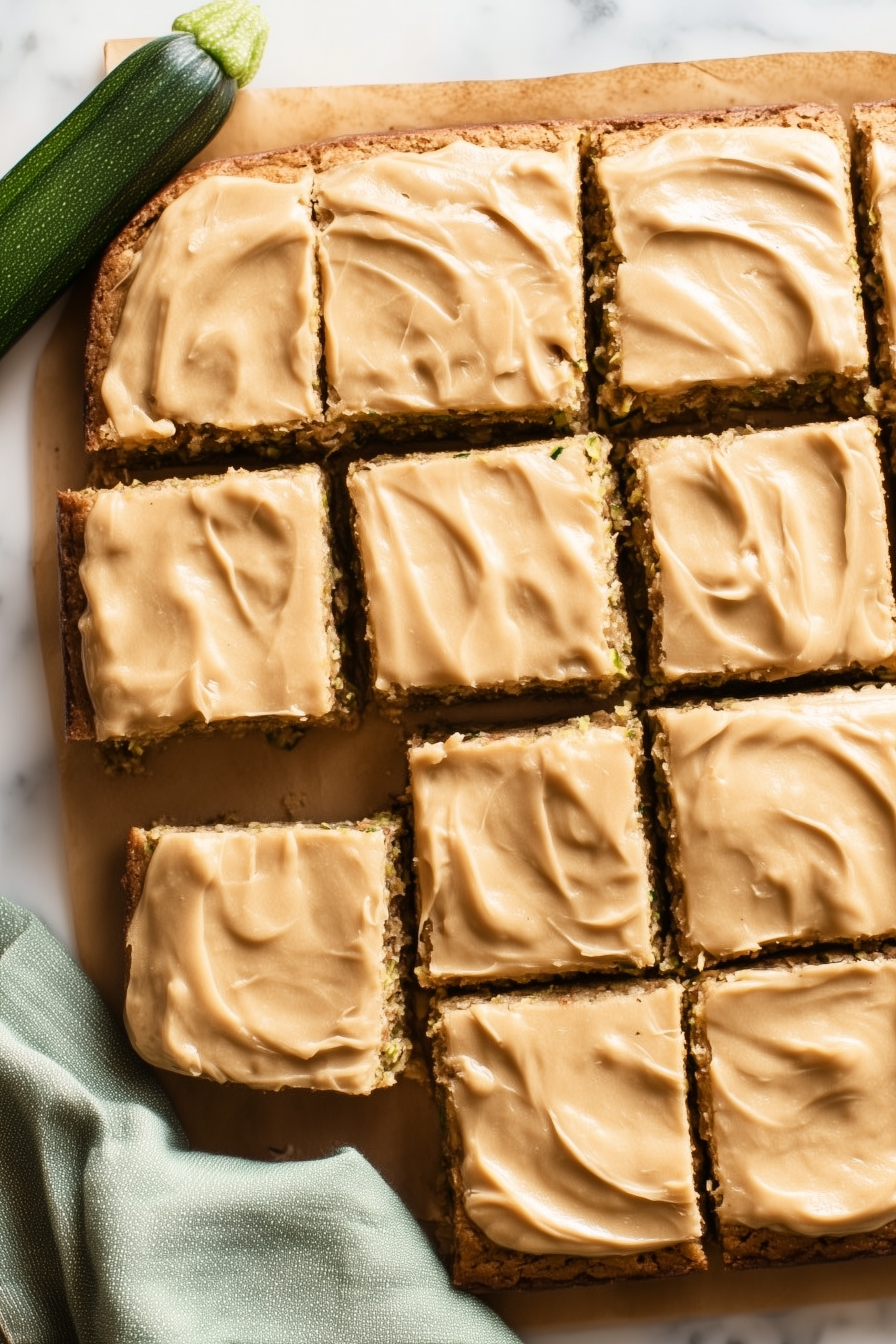 zucchini pecan bars on light brown parchment paper, moist spiced zucchini cake base with visible chopped toasted pecans and subtle green zucchini flecks, topped with a thick smooth pale caramel-brown cream cheese frosting spread edge-to-edge