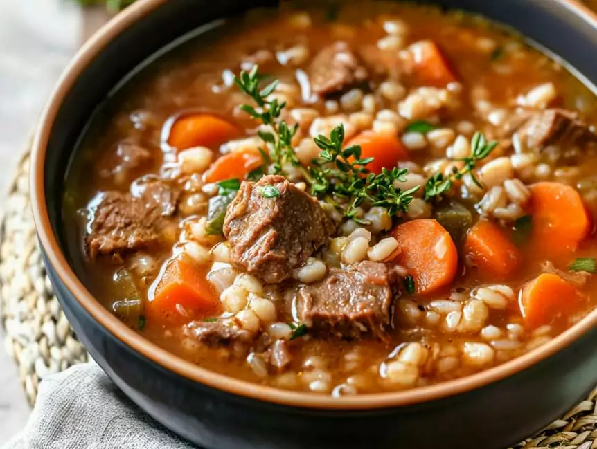 Hearty Beef Barley Soup with tender beef, plump barley, and vibrant vegetables in a rich, savory broth, garnished with fresh parsley.