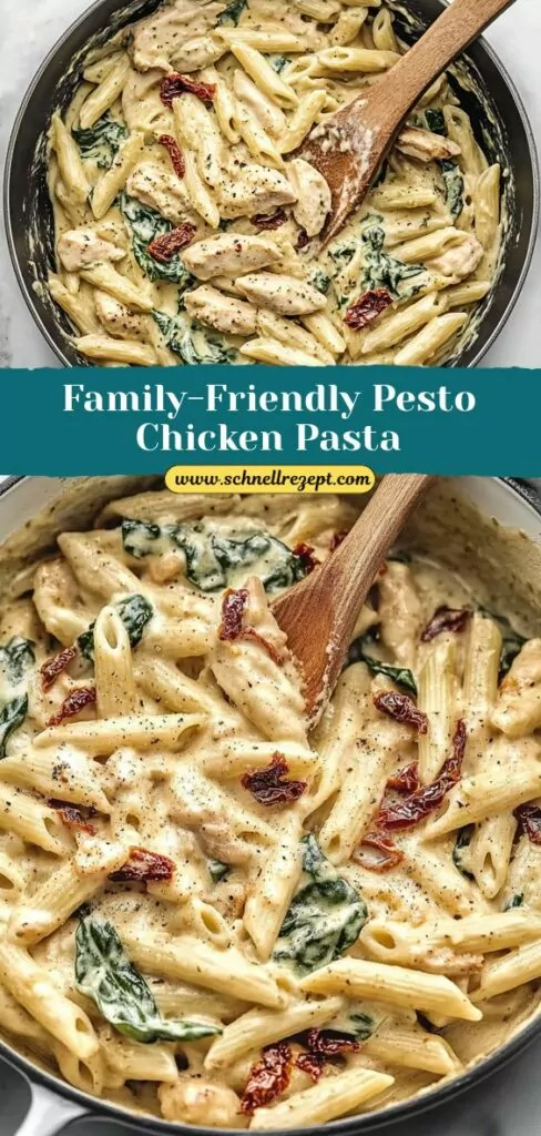 Pesto chicken pasta creamy loaded with spinach and sun-dried tomatoes