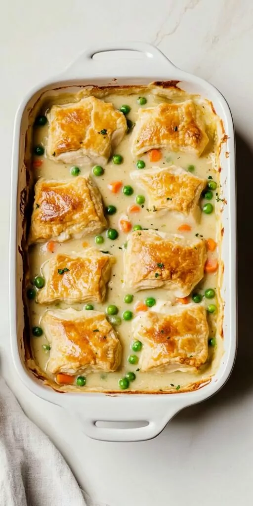 Close-up of a glass baking dish filled with a homemade biscuit-topped chicken pot pie casserole, resting on a stovetop. The casserole features golden brown biscuits, slightly darker on top, baked over a creamy mixture of chicken, peas, carrots, green beans, and corn.