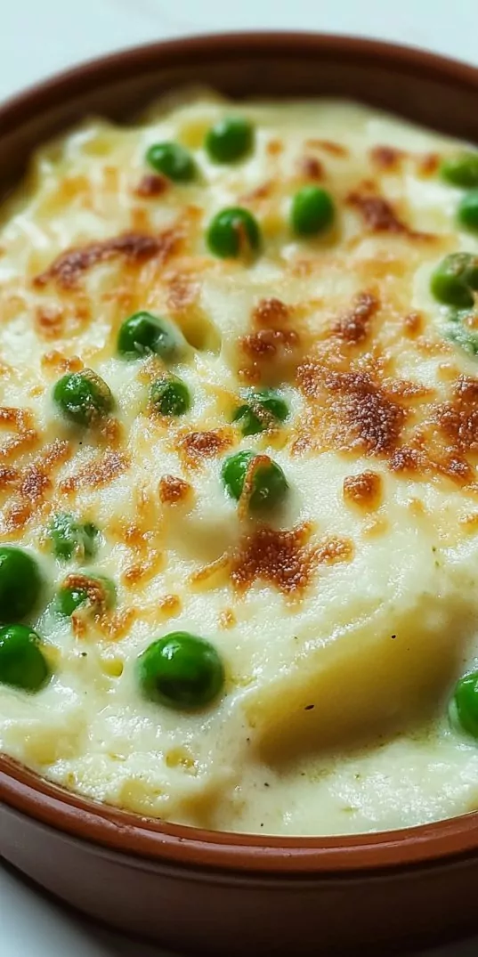 Close-up of a creamy baked potato and pea casserole topped with melted cheese, crispy bacon bits, and black pepper, served in a brown ceramic dish