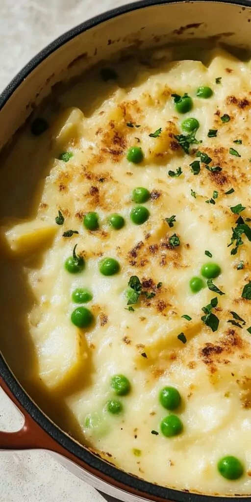 Close-up of a creamy baked potato and pea casserole topped with melted cheese, crispy bacon bits, and black pepper, served in a brown ceramic dish