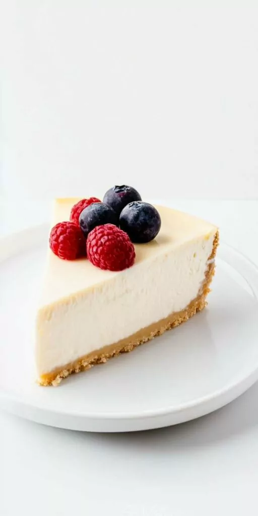 Slice of creamy cheesecake with a golden crust, topped with fresh raspberries, blueberries, and a drizzle of vibrant red berry sauce on a white plate. A delicious and visually appealing dessert.
