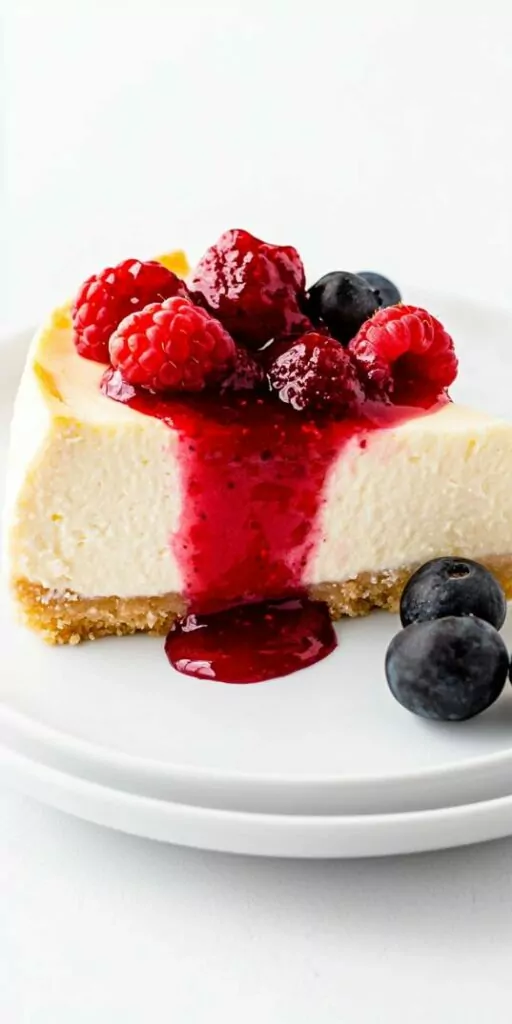 Slice of creamy cheesecake with a golden crust, topped with fresh raspberries, blueberries, and a drizzle of vibrant red berry sauce on a white plate. A delicious and visually appealing dessert.