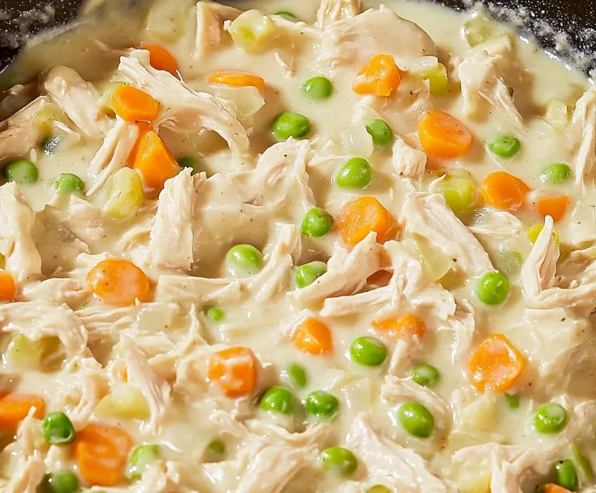 creamy, thick mixture featuring visible chunks of shredded chicken, diced carrots, green peas, and small bits of what appears to be softened celery and onion, all thoroughly coated in a glossy, beige-white sauce.
