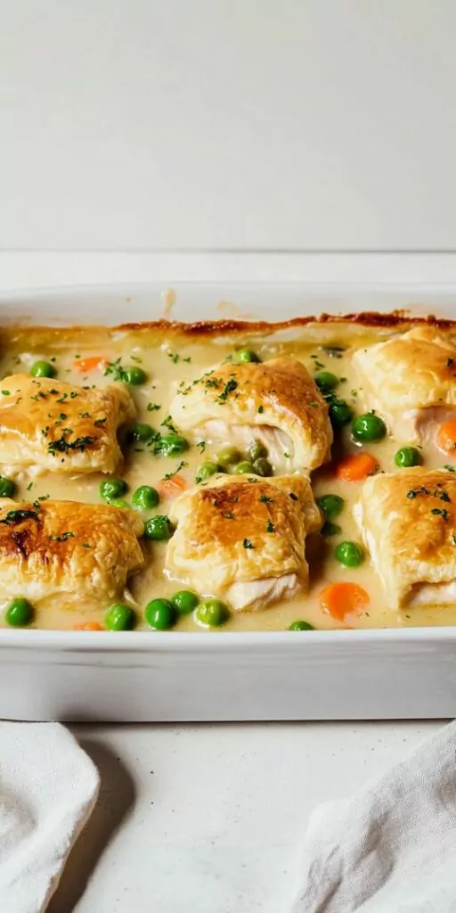 creamy chicken pot pie casserole in a rectangular baking dish, filled with chunks of chicken, carrots, peas, and a rich savory sauce