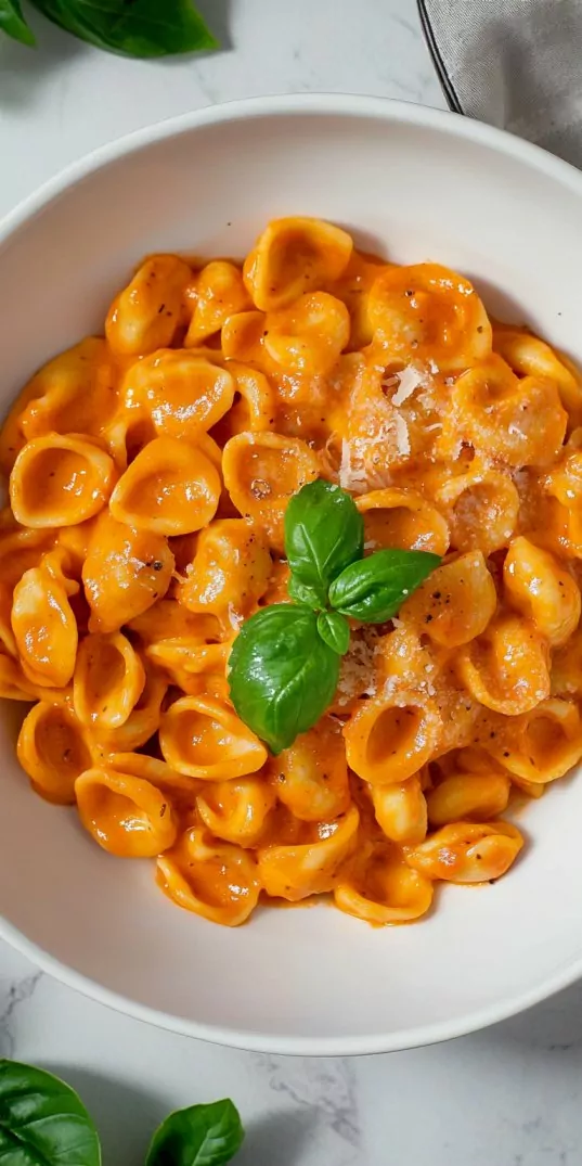 Top view of creamy orecchiette pasta served in a white bowl