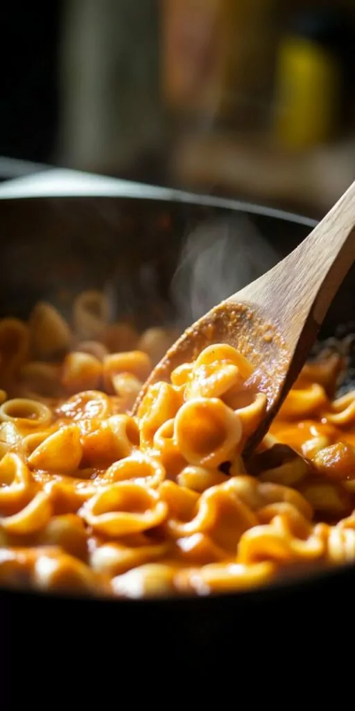 orecchiette pasta being stirred in a skillet with a wooden spoon
