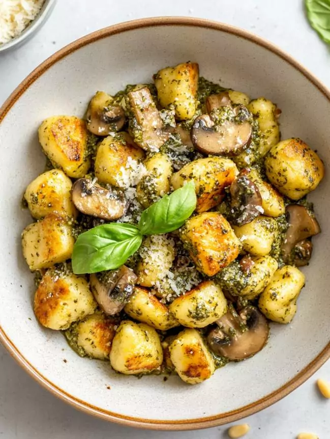 Golden-brown ricotta gnocchi, lightly crisped in butter, served with sautéed garlic mushrooms and fresh basil pesto.