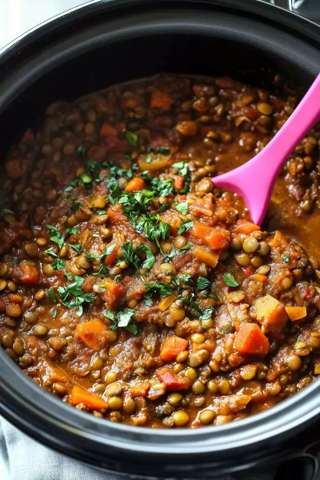 A thick, slow-cooked lentil stew with tender green lentils in a rich tomato sauce, combined with diced red and yellow bell peppers, mushrooms, and melted cheddar cheese.