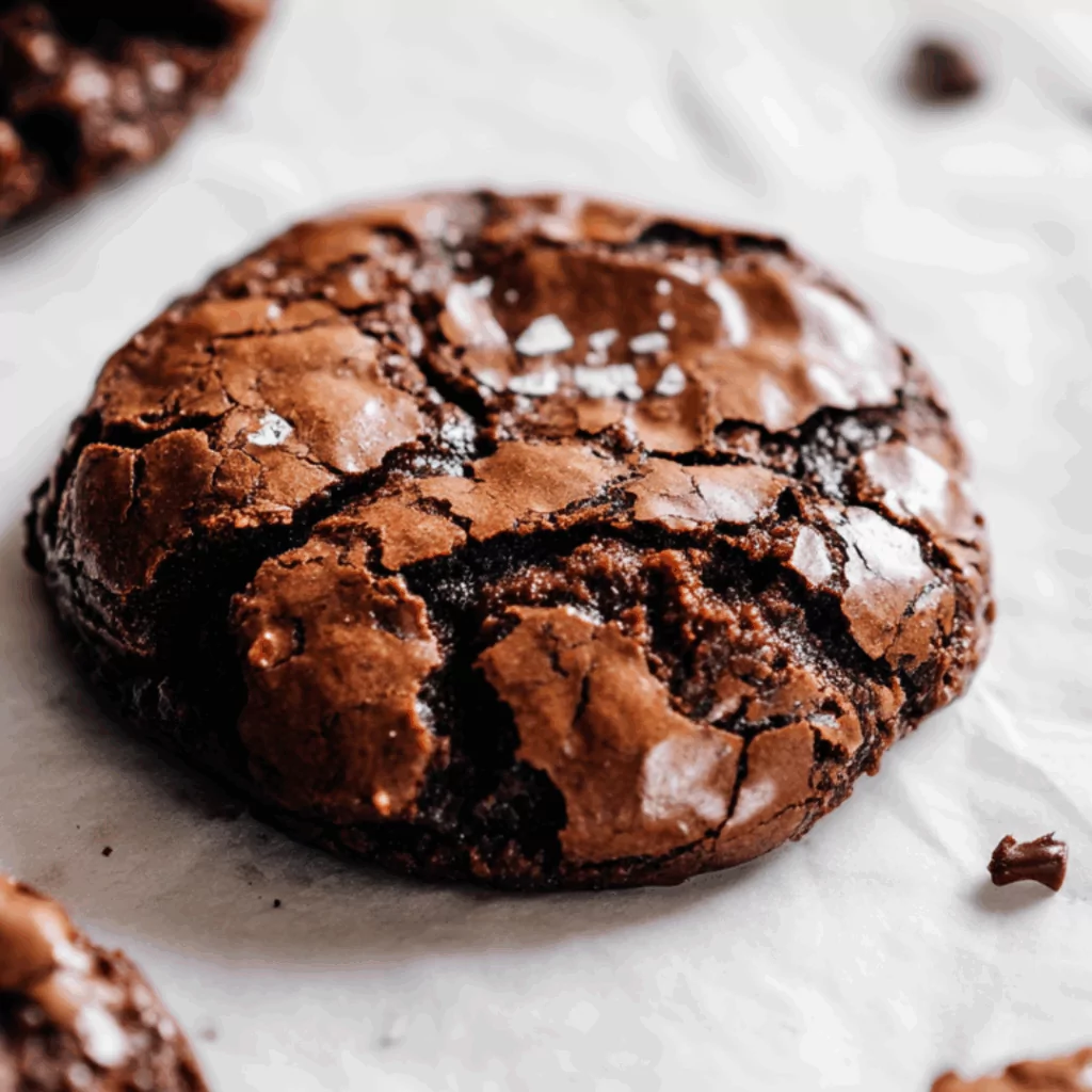 Dark chocolate brookies cookies with crackly tops and fudgy centers, topped with sea salt flakes and chocolate chips, resting on white parchment paper