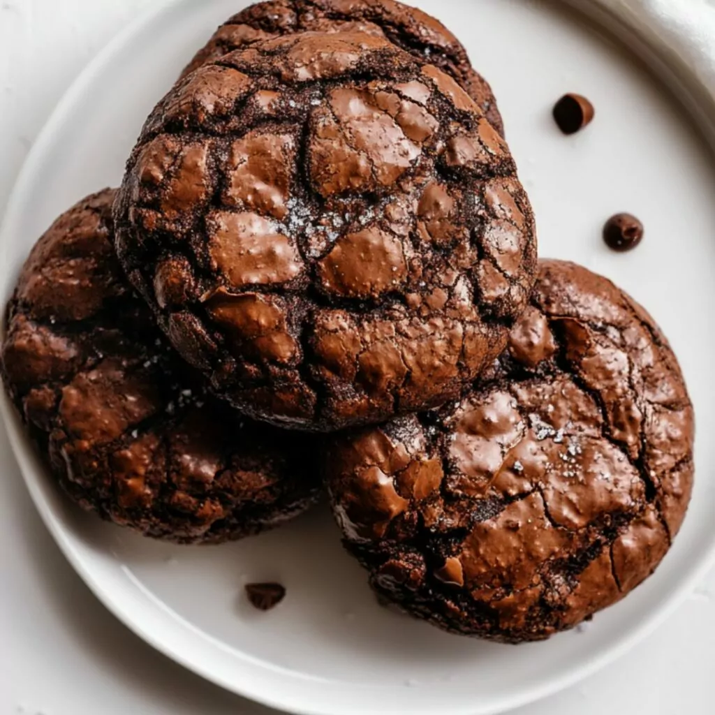 Dark chocolate brookies cookies with crackly tops and fudgy centers, topped with sea salt flakes and chocolate chips, resting on white plate