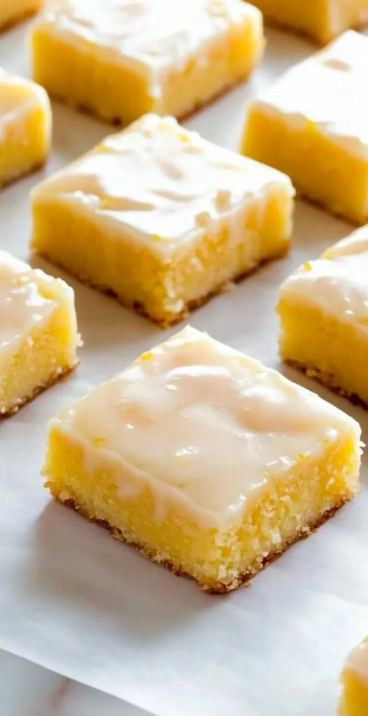 Close-up of 12 lemon brownies cut into neat squares on a white surface, each topped with a glossy, pale cream vanilla-speckled icing. The dense, moist yellow crumb hints at lemon zest, butter, and eggs, with lemon halves and a citrus juicer in the background suggesting fresh ingredients.