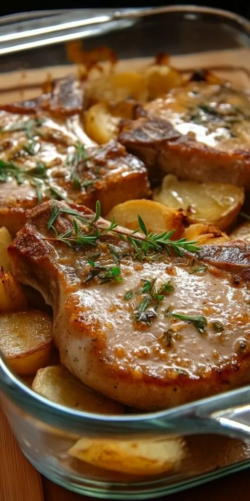 Oven-baked pork chops with golden roasted baby potatoes in a creamy garlic herb sauce, served in a baking dish
