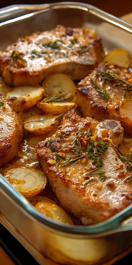 Oven-baked pork chops with golden roasted baby potatoes in a creamy garlic herb sauce, served in a baking dish