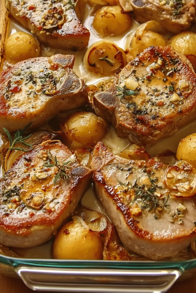 Oven-baked pork chops with golden roasted baby potatoes in a creamy garlic herb sauce, served in a baking dish