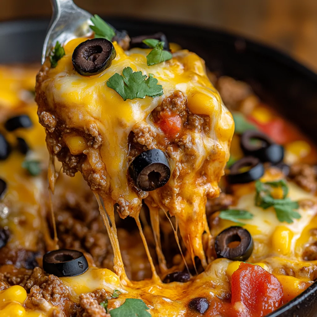 Cheesy beef enchilada skillet with black beans, corn, and melted cheddar in a cast iron pan, topped with tomatoes and black olives