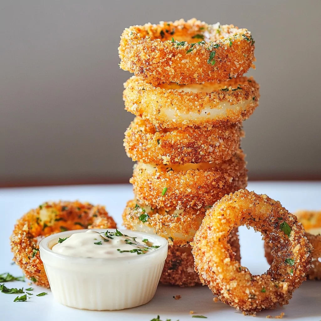 Parmesan Onion Rings stacked in a crispy golden tower with parsley flecks